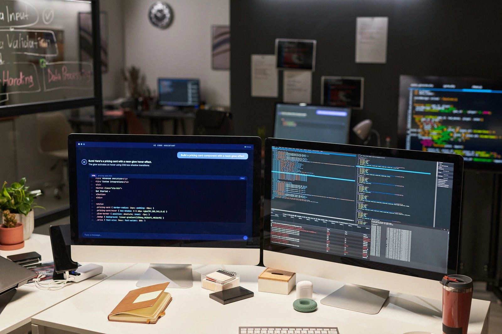 Technology workspace with multiple screens for monitoring and analysis